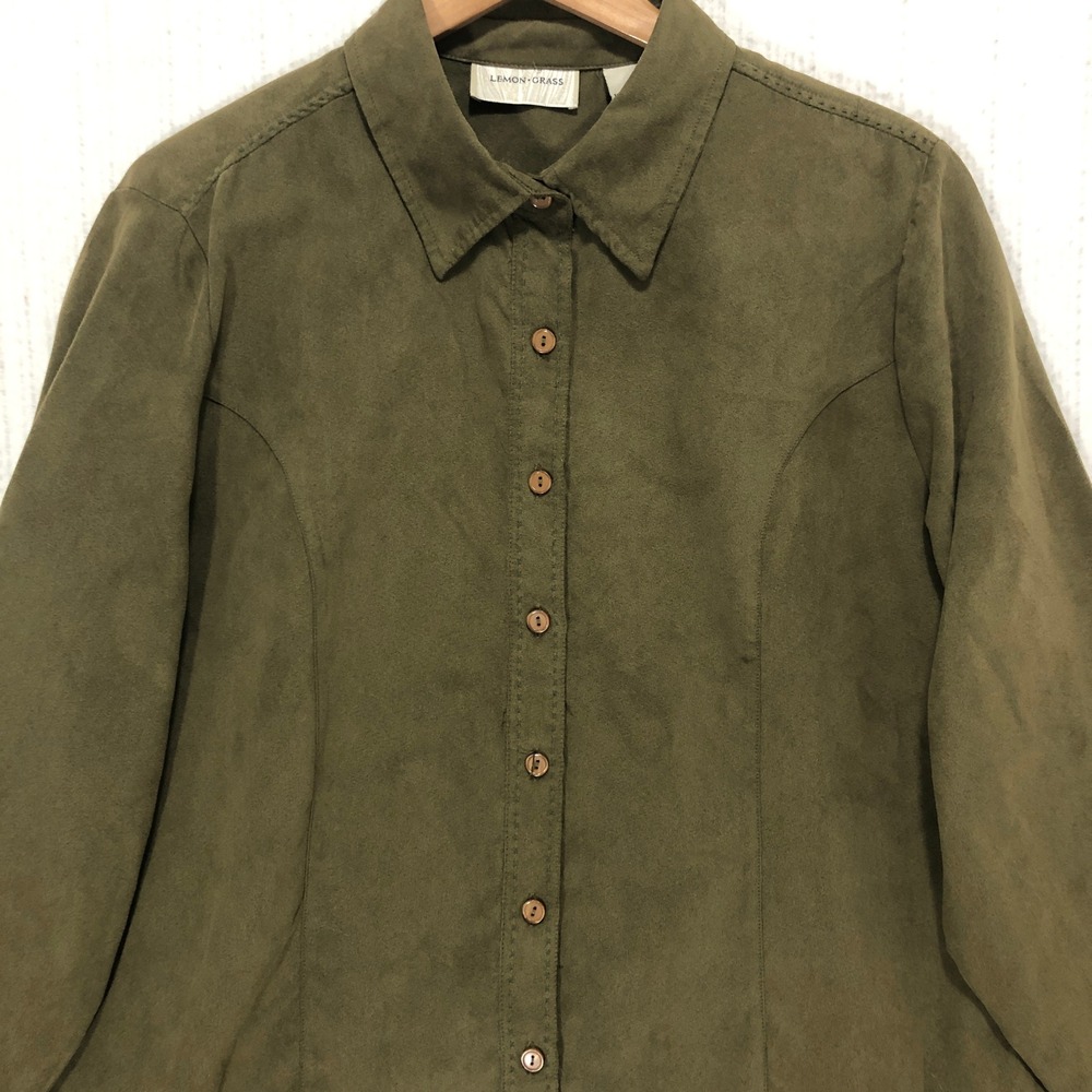 Lemon Grass Olive Green‎ Faux Suede Button Front Shirt XL Long Sleeve Blouse